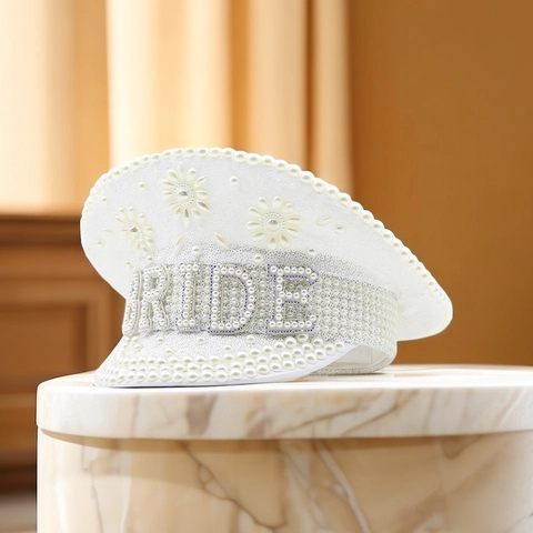 Sombrero Militar De Novia Blanco Perla Artificial Lentejuelas Estilo Capitán Marinero Para Despedida De Soltera Boda