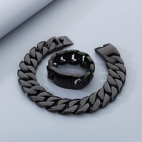 Men Chunky Cuban Chain Necklace And Bracelet Heavy Stainless Steel Punk Rock Hip Hop Jewelry Wide Polished Vintage Style