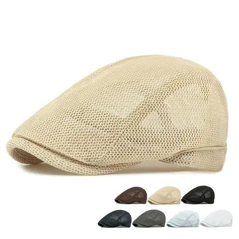Mesh Beret Hat Flat Cap Breathable Polyester Summer Ivy Newsboy Cap For Men Women Sun Protection Vintage Retro