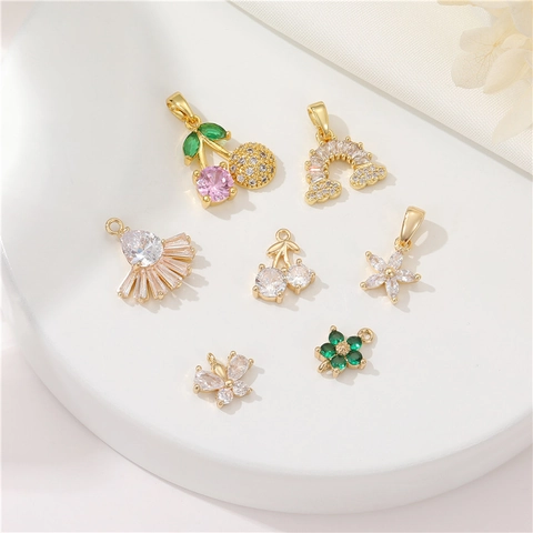 Micro Pave Zircon Pendants Charms 14K Gold Plated Copper For DIY Jewelry Making Butterfly Cherry Flower Rainbow Fan