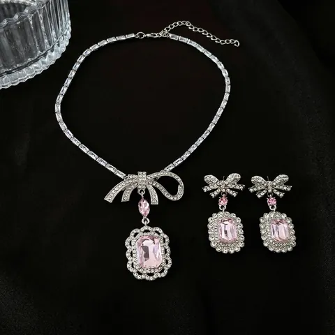 Rosa Kristall Schleife Halskette Und Ohrringe Schmuck Für Damen Mit Legierung 925 Sterling Silver Earring Post