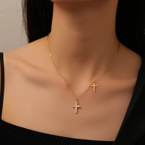 Collar Colgante Doble Cruz Acero Inoxidable Nácar Sintético Joyas Elegantes Para Mujer Moda Diaria