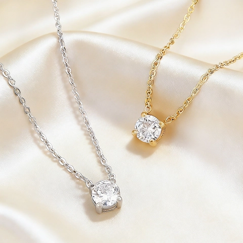 Minimalist Round Cubic Zirconia Solitaire Pendant Necklace Titanium Steel Prong Setting Cross Chain Jewelry For Women Elegant Gift