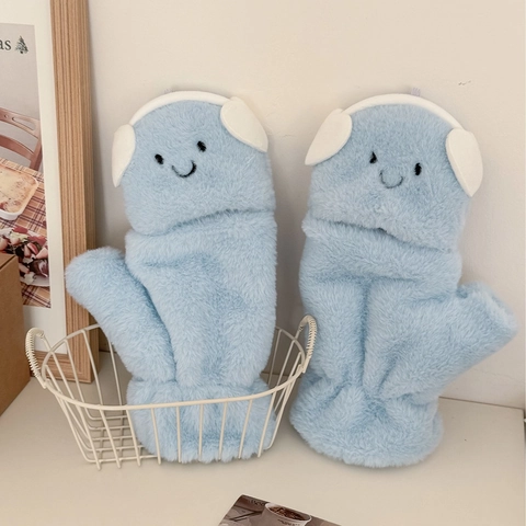 Gants Convertibles En Peluche D'Hiver Moufles À Rabat Adorable Visage Souriant Décor De Casque Épais Et Chaud