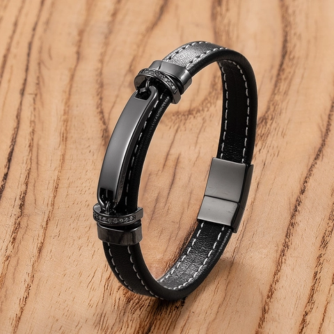 Pulsera De Cuero Trenzado Con Incrustaciones De Diamantes De Acero Inoxidable Joyería Geométrica Minimalista Para Hombres Mujeres