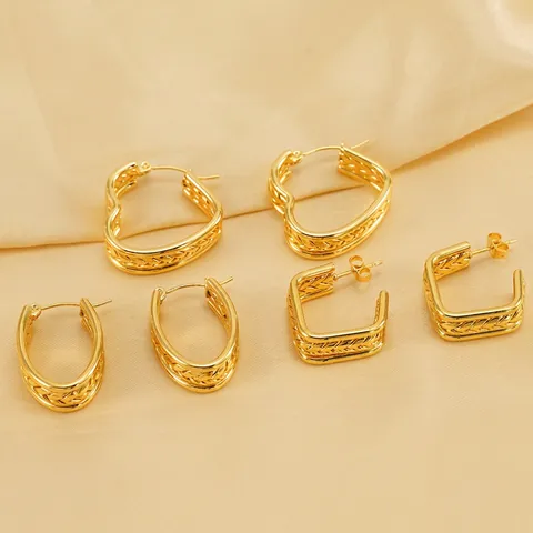 Edelstahl Creolen 18K Vergoldet Geflochtene Weizentextur Herz Quadrat Rund Geometrisch Damen Retro Elegant