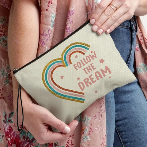 Borsa Trucco Cuore Arcobaleno In Lino Astuccio Cosmetici Con Cinturino Follow The Dream Stampa Organizzatore Viaggio Donna