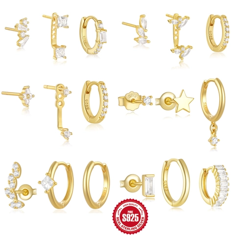 Minimalist 925 Sterling Silver Earring Set Zirconia Inlaid Geometric Hoop Stud Earrings For Women Trendy Fashion Jewelry Gift