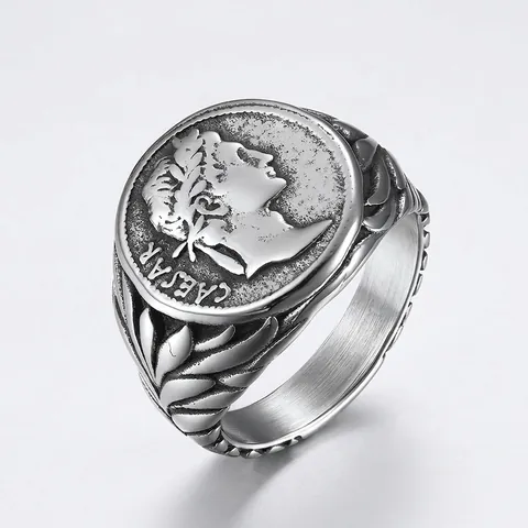 Anillo De Sello Con Retrato De César Romano Vintage De Acero Inoxidable Relieve Moneda Hoja Laurel Joyería Punk
