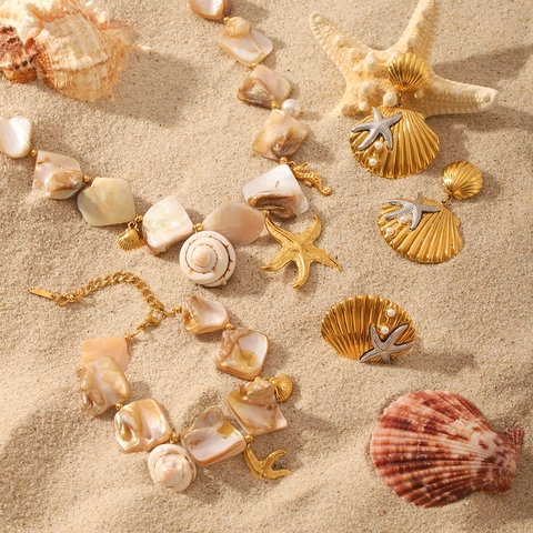 Bijoux Coquillage Étoile De Mer Océan Acier Inoxydable Künstliche Perle Collier Bracelet Boucles D'oreilles Bague Femmes Plage Boho