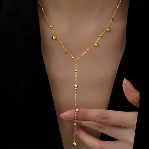 Y-Shape Tassel Necklace 18K Gold Plated Stainless Steel Round Bead Minimalist Elegant Statement Jewelry For Women