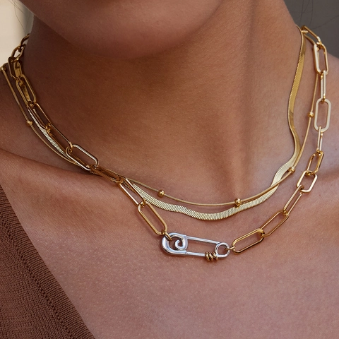 Luxury Stainless Steel Paperclip Safety Pin Necklace For Women Rhinestone Heart Pendant 18K Gold Plated Jewelry Set
