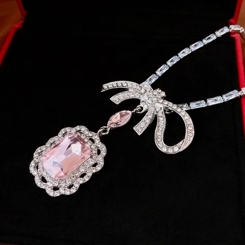 Collar Y Pendientes De Lazo De Cristal Y Diamantes De Imitación Con Poste De Plata Gema Rosa Rectangular Joyería Elegante