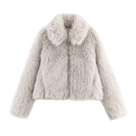 Women Faux Fur Jacket Winter Short Coat Zipper Lapel Long Sleeve Solid Color Casual Fluffy Outerwear