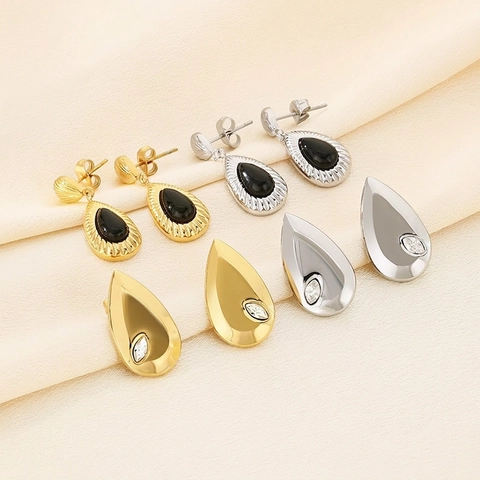 Pendientes Colgantes Gota Acero Inoxidable Con Piedra Ojo De Gato Y Circonita Marquesa Textura Concha Mujer Joyería