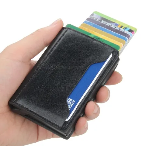 Porta Carte Automatico Portafoglio Pelle PU Alluminio Blocco RFID Sottile Minimalista Custodia Antifurto Per Uomo Business