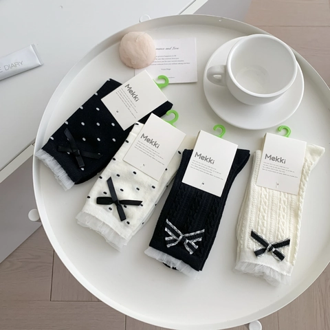 Women Cotton Mid-calf Socks With Bow And Lace Trim Polka Dot Sweet Japanese Style Breathable Crew Hosiery