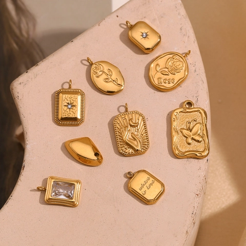 Vintage Geometric Pendants 18K Gold Plated Stainless Steel Zircon Inlaid DIY Jewelry Accessories For Women Rose Butterfly