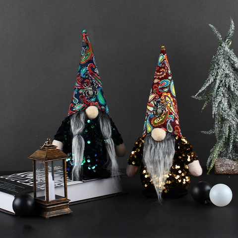 Halloween Gnome Plush Doll Sequin Faceless Dwarf Paisley Hat Metal Spider Decoration Desktop Table Ornament Spooky