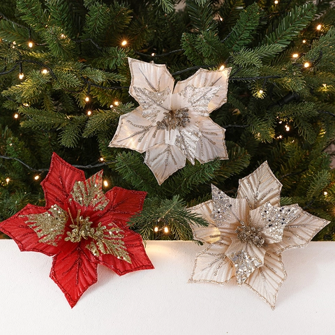 Glitzer Weihnachten Poinsettia Künstliche Blumen Funkelnde Pailletten Stoff Baumschmuck Für Feiertage Haus Party Deko