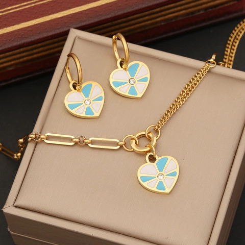 Stainless Steel Heart Pendant Necklace And Bracelet With Blue White Enamel Rhinestone Cuban Chain For Women