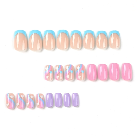 Sweet Heart Press On Nails Blue French Tip Wave Design Square Shape Fashionable Pastel False Nails For Women