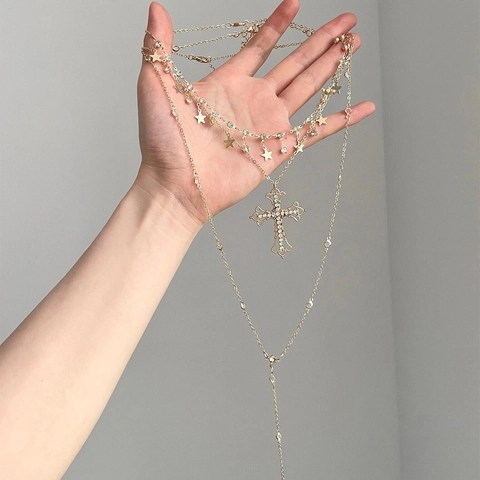 Collier Multi-Rangs En Alliage Avec Strass Pendentif Croix Et Charmes Étoiles Longue Gland Style Boho Pour Femmes