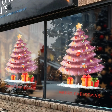 Pink Christmas Tree Window Sticker Static Adsorption PVC Glue-Free Holiday Decoration Shop Glass Door Double Sided Novelty