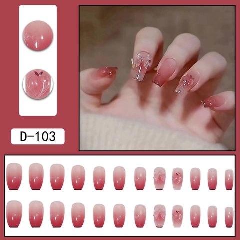 Photochromic Color Changing Gradient Pink Red Press On Nails With 3D Bowknot Heart Decor Square Round Artificial False Nails Plastic