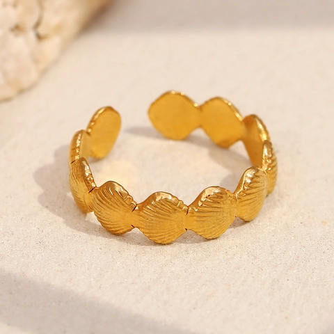 Anello Conchiglia Di San Giacomo Acciaio Inossidabile Placcato Oro 18K Aperto Regolabile Stile Oceano Gioielli