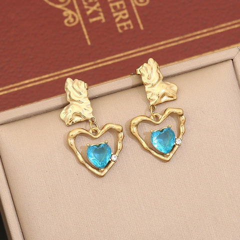 Orecchini Pendenti A Cuore In Acciaio Inossidabile Placcato Oro Con Texture Irregolare Pietre Colorate E Strass Gioielli Eleganti Per Donne