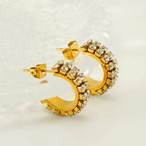 C-Form Hoop Ohrringe 18K Vergoldeter Edelstahl Doppellagig Glänzende Strasssteine Modeschmuck Für Damen