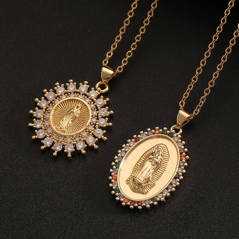 Virgin Mary Pendant Necklace Copper 18K Gold Plated Cubic Zirconia Religious Fashion Jewelry For Women