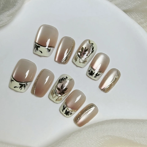 Handmade Press On Nails Oriental Bamboo Leaf Design French Cat Eye ABS Plastic False Nails Set For Women Beauty Jewelry