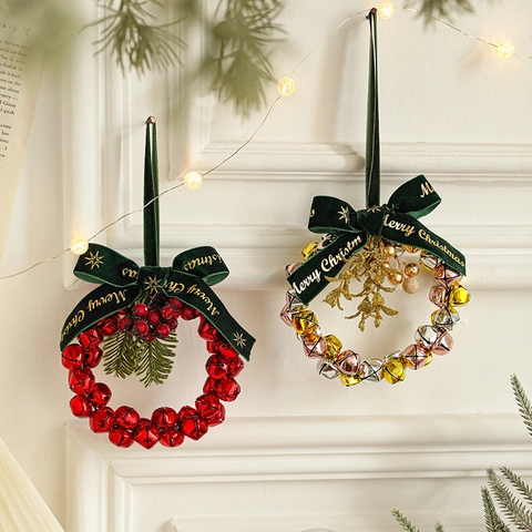 Christmas Bell Wreath Hanging Ornament Metal Iron Velvet Ribbon Bowknot Artificial Berries Door Wall Tree Festive Decor