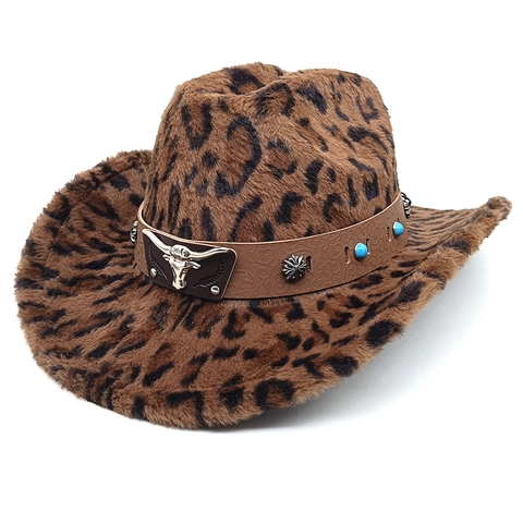 Cappello Da Cowboy Western Con Stampa Leopardata Pelliccia Sintetica Tesa Larga Con Testa Di Toro E Decorazione Turchese