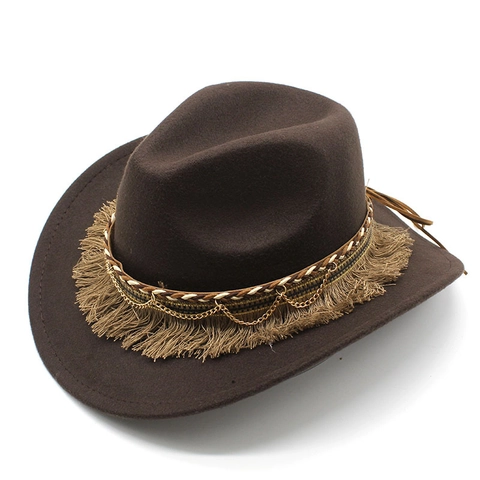 Western Cowboy Hat Woolen Felt Wide Brim With Braided Band Gold Chain Tassels Bohemian Retro Fedora
