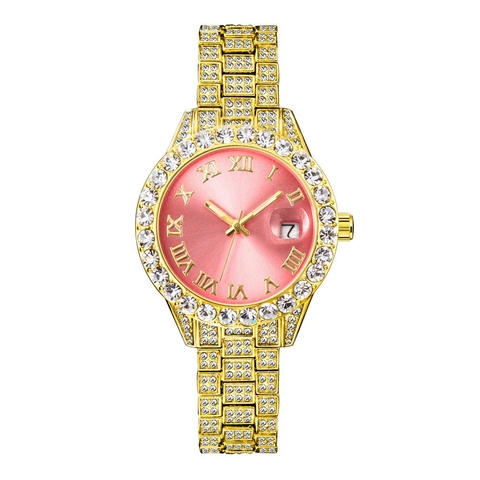 Luxe Dames Quartz Horloge Volledig Ingelegd Met Steentjes Roze Wijzerplaat Romeinse Cijfers Kalender Waterdicht Modieus