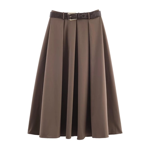 Women High Waist Pleated Midi Skirt With Belt Elegant Solid Color A-Line Flare Long Skirt Polyester