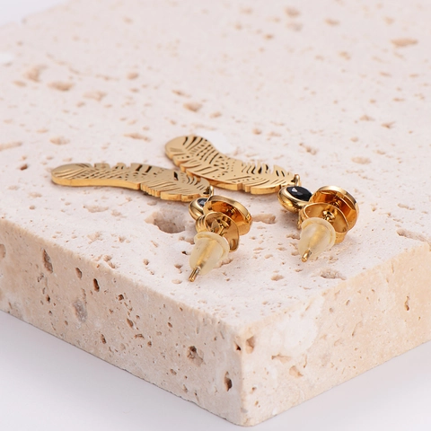 Roestvrijstalen Veer Oorknopjes Met Zwarte Steen Inleg Hol Ontwerp Gouden Vintage Sieraden Voor Dames