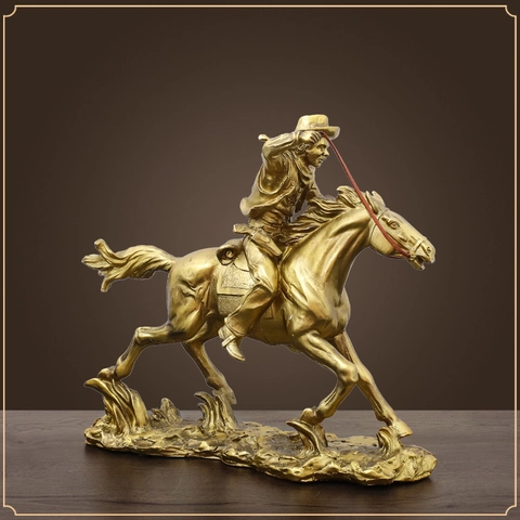 Western Cowboy Riding Horse Statue Resin Golden Metallic Figurine Vintage Desktop Sculpture For Home Office Decor