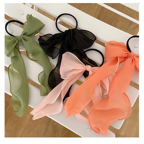 Chouchous À Gros Nœud Élastiques En Mousseline Avec Longs Rubans Style Féerique Anneaux De Cheveux Pour Femmes Accessoires Doux