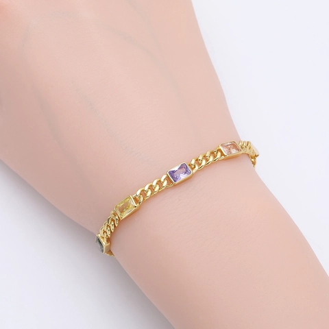 Braccialetto in Argento Sterling 925 con Zirconia Multicolore per Donna Moda Rettangolare CZ Catena a Maglie Regolabile Regalo