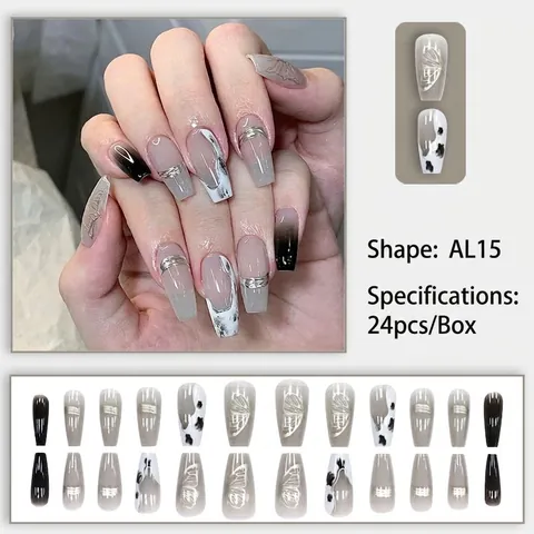 Press On Nails Medium Long Coffin Fake Nails Marble Pattern Silver Line Gradient Butterfly Design Artificial Nail Tips