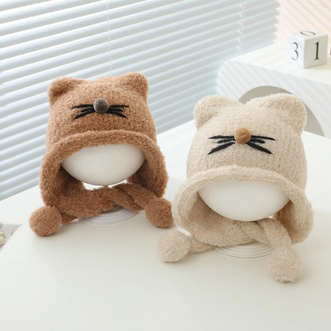 Kids Plush Ear Flap Hat Winter Warm Windproof Cat Ears Cartoon Beanie For Toddler Baby