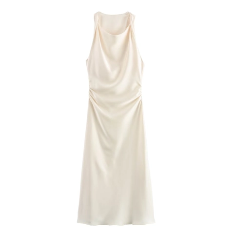 Women's Sleeveless Round Neck Satin Midi Dress Elegant Pleated Solid Color Polyester A-Line Dress for Party Banquet Daily