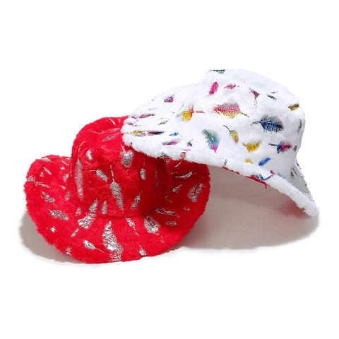 Christmas Plush Cowboy Hat Western Style Faux Fur Polyester Bronzing Feather Snowflake Pattern Festive Party Novelty