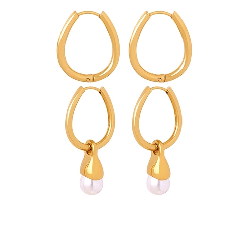 Titanstahl Vergoldete Hoop Drop Ohrringe Geometrischer Wassertropfen Mit Imitationsperle Vintage Minimalistischer Schmuck