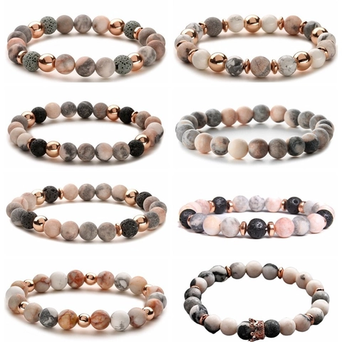 Pink Zebra Jasper Natural Stone Beaded Bracelet Lava Rock Essential Oil Diffuser Alloy Crown Charm Elastic Yoga Bangle