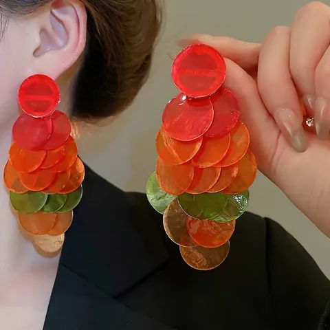 Pendientes Colgantes De Concha Natural Con Discos Redondos En Capas Con Poste De Plata De Ley 925 Estilo Bohemio Mujer